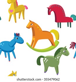 Cute wooden horses colorful seamless pattern