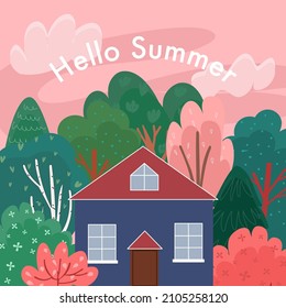 cute wooden house against the backdrop of bright flowering trees, a cartoon style landscape against a pink sunset. The inscription can be replaced and used as a poster, postcard, cover.
