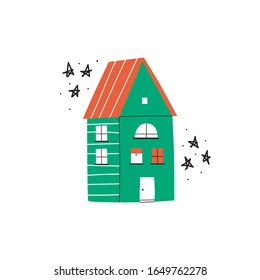 Cute wooden house. Flat vector illustration, logo, sticker, poster