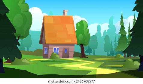 Cute wooden house with high roof standing on lawn at forest flat style, vector illustration. Decorative for games, interface design, building and nature