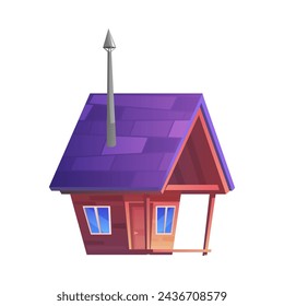 Cute wooden house with purple roof and long pipe flat style, vector illustration isolated on white background. Decorative design element for games, building, fairy tale