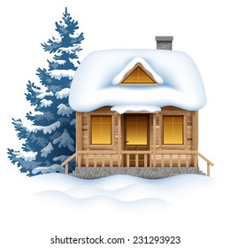 Cute Wooden House In Snow. Vector Image.