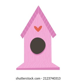 Cute wooden pink birdhouse for birds isolated on a white background. Cartoon vector illustration