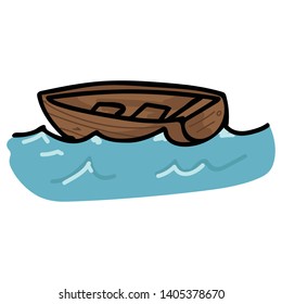 Cute wooden sailing boat on waves cartoon vector illustration motif set. Hand drawn isolated nautical elements clipart for seafaring blog, ocean graphic.