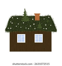 Cute wooden Scandinavian house with a green turf grass roof. Norwegian hytter. Eco home, vector isolated illustration.
