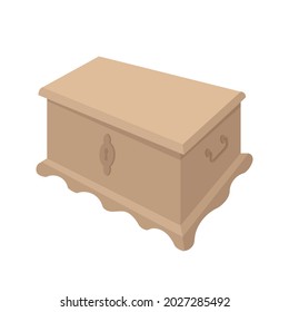 Cute wooden treasure chest or old fashioned chest for clothes. Isolated colorful element in the white background. Flat style illustration.