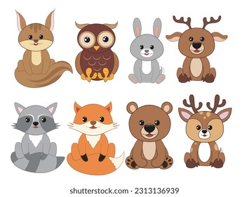 Cute woodlan animals set. Vector characters. Woodland Baby animals illustration for children.