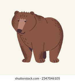 Cute woodland animal, brown bear. Forest fluffy predator, clumsy and plump beast stay and smile. Dangerous fuzzy grizzly in childish, kid style. Flat isolated vector illustration on white background