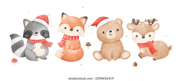 Cute woodland animal christmas Fox Bear Deer Print for invitation card Poster Template Banner Watercolor style