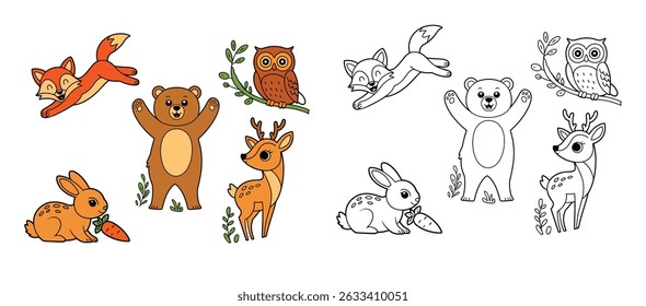 Cute woodland animal clipart in color and outline, perfect for kids crafts and coloring fun.







