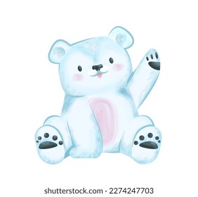 Cute Woodland Animal. Colorful sticker with beautiful white polar bear waving its paw. Watercolor design element for postcard or poster. Cartoon flat vector illustration isolated on white background