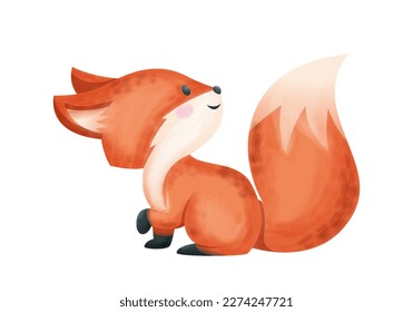 Cute Woodland Animal. Colorful sticker with cunning red fox with fluffy tail. Watercolor design element for printing on baby clothes. Cartoon flat vector illustration isolated on white background