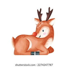 Un animal de la madera. Pegatina de textura colorida con reno o alce. Mamífero forestal. Elemento de diseño acuarela para tarjeta de felicitación de navidad. Dibujo vectorial plano de dibujos animados aislado en fondo blanco