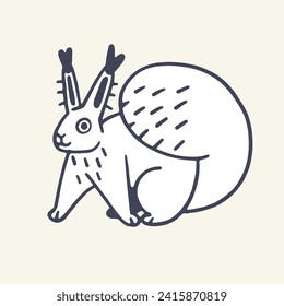 Cute woodland animal, fluffy little beast outline. Funny squirrel with furry tail, big tassels on ear. Wild forest rodent contour sketch in childish style. Flat hand drawn isolated vector illustration