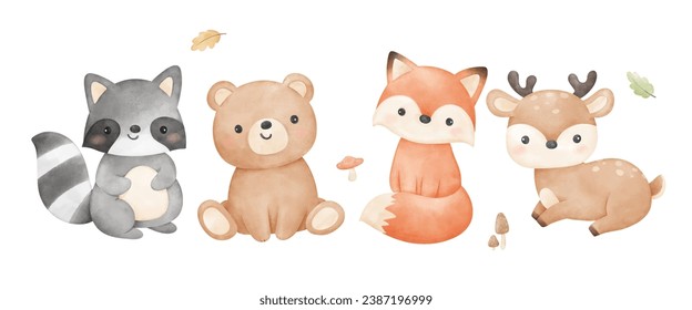 Cute woodland animal Fox Bear Deer For nursery birthday kids Print for invitation card Poster Template Watercolor style