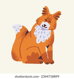 Cute woodland animal, happy and kind fox. Forest predator, furry, sly foxy with red tail sits and smile. Fluffy funny beast in childish style. Flat isolated vector illustration on white background