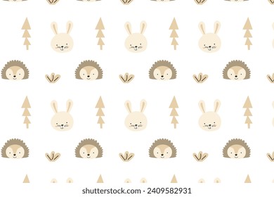 cute woodland animal hedgehog and bunny faces with christmas tree background. Vector illustration isolated. 