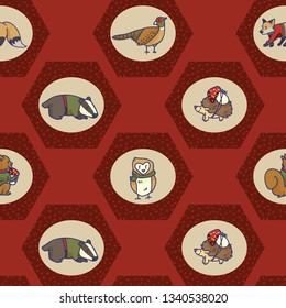 Cute woodland animal in hexagon seamless vector pattern background. Pheasant and hedgehog graphic tile. Hand drawn fox and badger illustration for forest fauna fashion Prints.