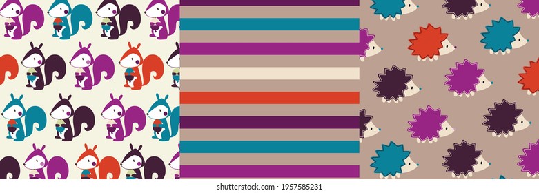 cute woodland animal pattern vector illustration. Fabric, wrapping paper, wallpaper, packaging.