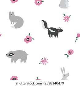 Bela Woodland Animal Padrão Sem Costura. Personagens Adoráveis da Floresta Vetorial Skunk, Badger, Fox. Coelho para projetos e ofícios
