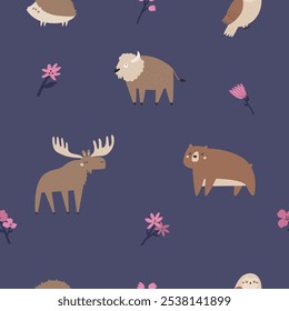Cute Woodland Animal Seamless Pattern. Adorable Vector Forest Characters Bear, Hedgehog, Bison, Owl for Designs and Crafts