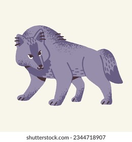 Cute woodland animal, wolf. Forest predator, bad and angry beast stays, watches and follows. Dangerous gray furry hunter, kid and childish style. Flat isolated vector illustration on white background