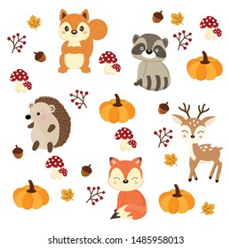 Cute Woodland Animals In Autumn.