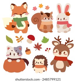 Cute Woodland Animals in Autumn Attire. Kawaii Forest Friends with Fall Leaves. Adorable Autumn Animals with Scarves