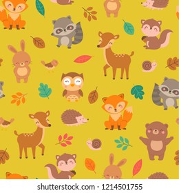 Cute woodland animals with autumn leaf seamless pattern background