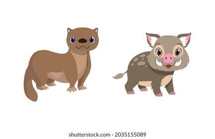 Cute Woodland Animals with Boar and Stoat Vector Set