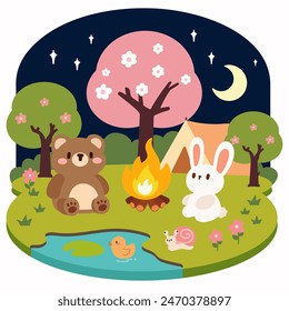 Cute Woodland Animals Camping at Night. Adorable Kids Illustration. Nighttime Camping Scene with Bear and Bunny.