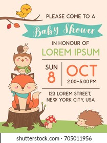 Cute woodland animals cartoon illustration for baby shower card template