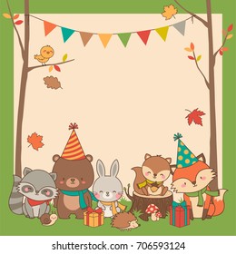 Cute woodland animals cartoon vector with copy space for card design template, party concept illustration for kids