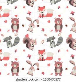 cute woodland animals character autumn season  fox, raccoon, squirrel, rabbit and bear seamless background 