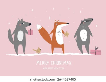 Cute Woodland Animals Christmas Card on Pink Background - Wolf, Fox and Badger. Perfect for seasonal designs, holiday cards, childrens illustrations, and winter-themed projects.