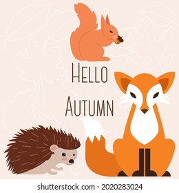 Cute woodland animals collection. Hedgehog, fox and squirrel in autumn. Vector illustration