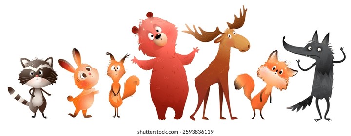 Cute woodland animals collection in a whimsical and quirky cartoon style. Funny forest wild animals character design for children. Vector forest creatures design for kids, isolated cartoon collection.