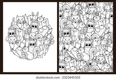 Cute woodland animals coloring pages set in US Letter format. Black and white woodland characters background templates for coloring book. Vector illustration