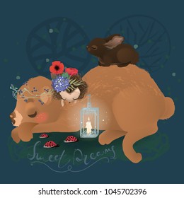 Cute woodland animals - dreaming bear in floral wreath and hedgehog with beautiful flowers buouquet, magical lantern and ladybug crossing