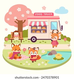 Cute Woodland Animals Enjoying a Food Truck Picnic. Adorable Kids Illustration. Cartoon Scene with Forest Friends and Food Truck.