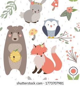 Cute Woodland Animals with Flowers, Plants and Mushrooms Seamless Pattern