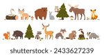 Cute woodland animals. Forest beasts bear, hare and fox, elk and squirrel, wild boar and deer, wolf and snake, badger and raccoon, beaver. Vector set. Fir tree, acorns and childish fauna