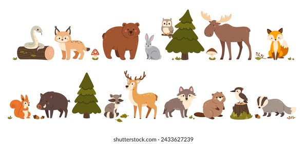 Lindos animales de bosque. Oso, liebre y zorro, alce y ardilla, jabalí y ciervo, lobo y serpiente, tejón y mapache, castor. Conjunto de vectores. Abeto, bellotas y fauna infantil