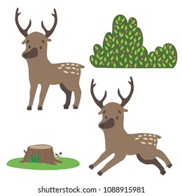 Cute Woodland animals and forest plants design elements. Deer, glade with grass and stump, shrub with leaves and berries. Vector illustration in flat design.
