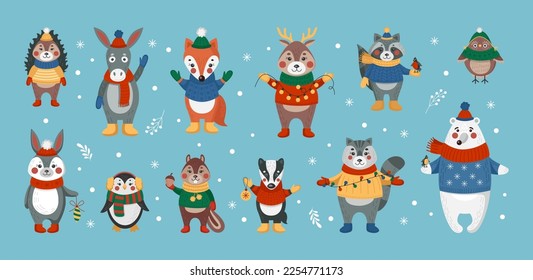 Cute woodland animals, forest rabbit and hedgehog, fox and penguin characters in warm clothes, winter owl, polar bear and deer. Christmas festive collection. Vector cartoon flat tidy set