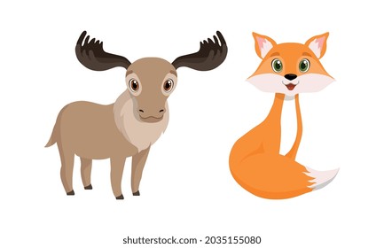 Cute Woodland Animals with Fox and Elk Vector Set