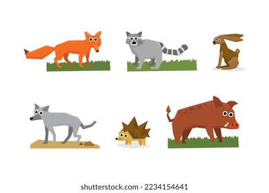 Cute Woodland Animals with Fox, Raccoon, Hare, Wolf, Hedgehog and Boar Vector Set