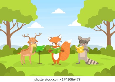 Cute Woodland Animals in Glasses Sitting on Lawn and Reading Books, Deer, Fox and Raoon Characters Studying Cartoon Vector Illustration