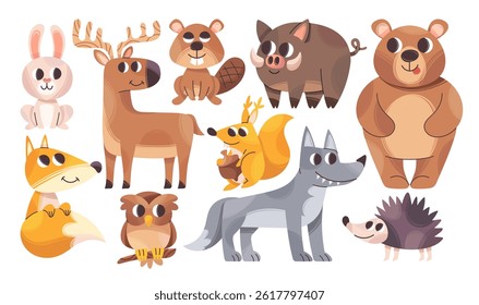 Cute woodland animals hand drawn childish wild characters doodle set isolated on white background