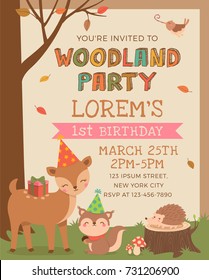 Cute Woodland Animals Illustration With Autumn Scene For Party Invitation Card Template